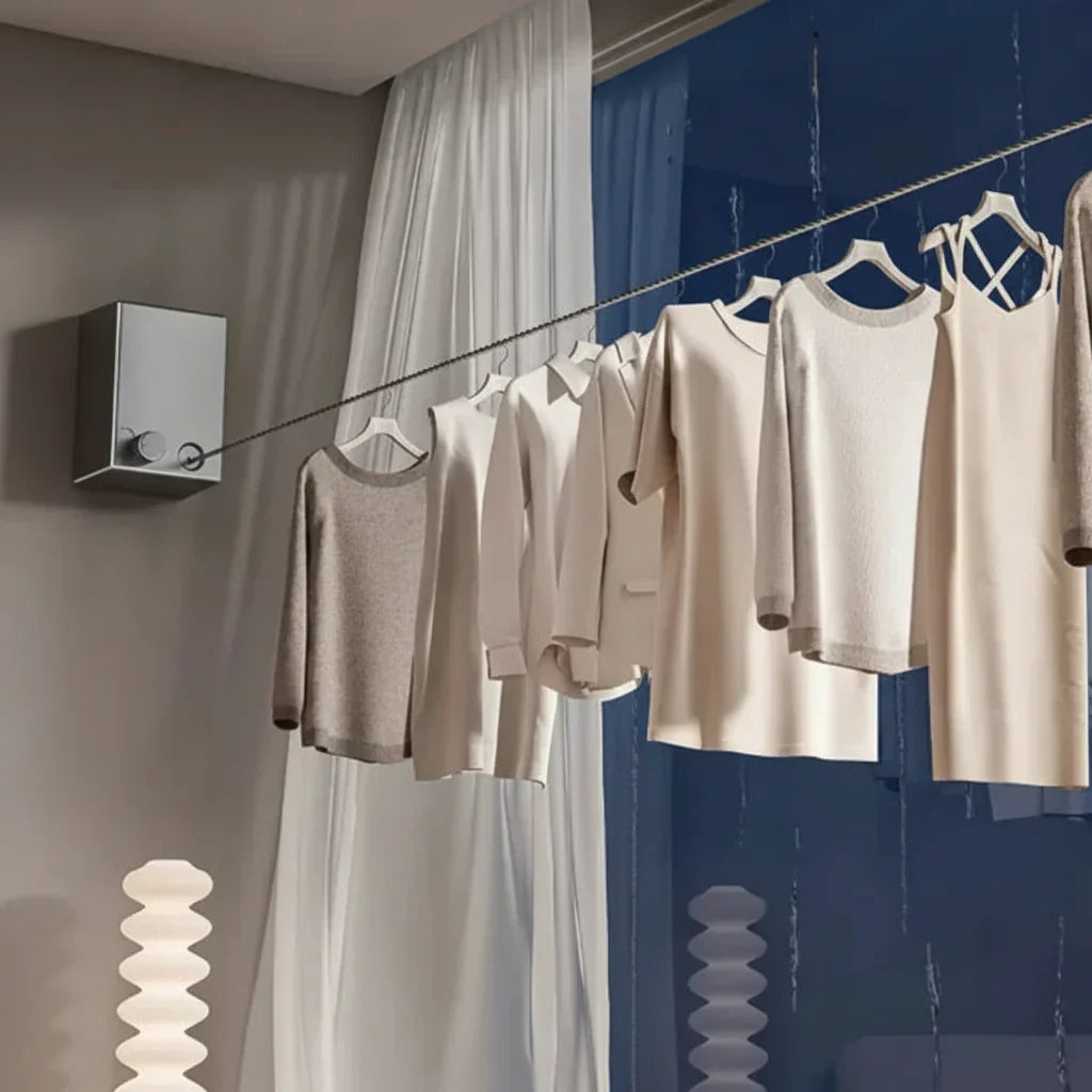 Tendedero retráctil de pared — Diseño compacto plegable con resorte