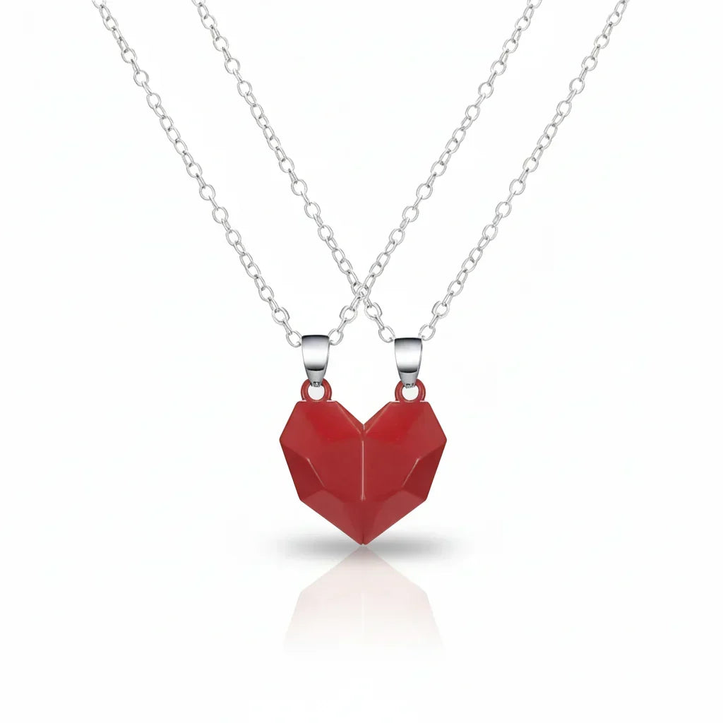Magnetic Heart Pendant Necklace Set — Two Piece Metal Alloy Pair
