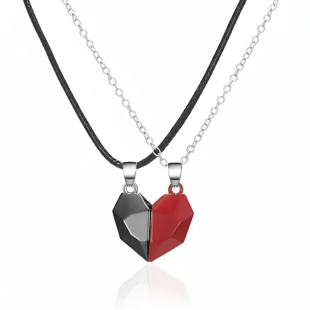 Magnetic Heart Pendant Necklace Set — Two Piece Metal Alloy Pair