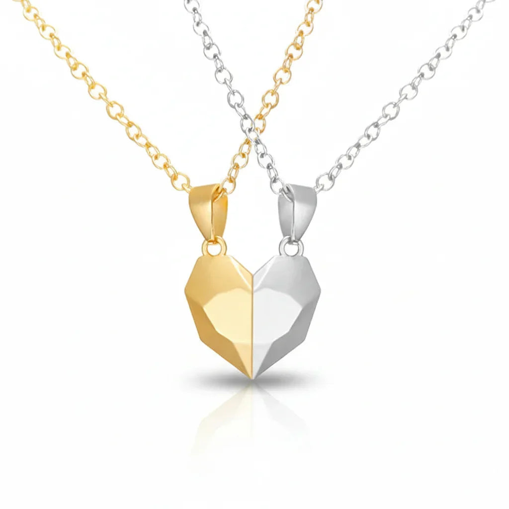 Magnetic Heart Pendant Necklace Set — Two Piece Metal Alloy Pair