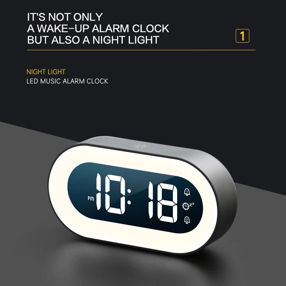 CalmGlow Compact Alarm Clock — Adjustable Night Light and Soothing Sounds