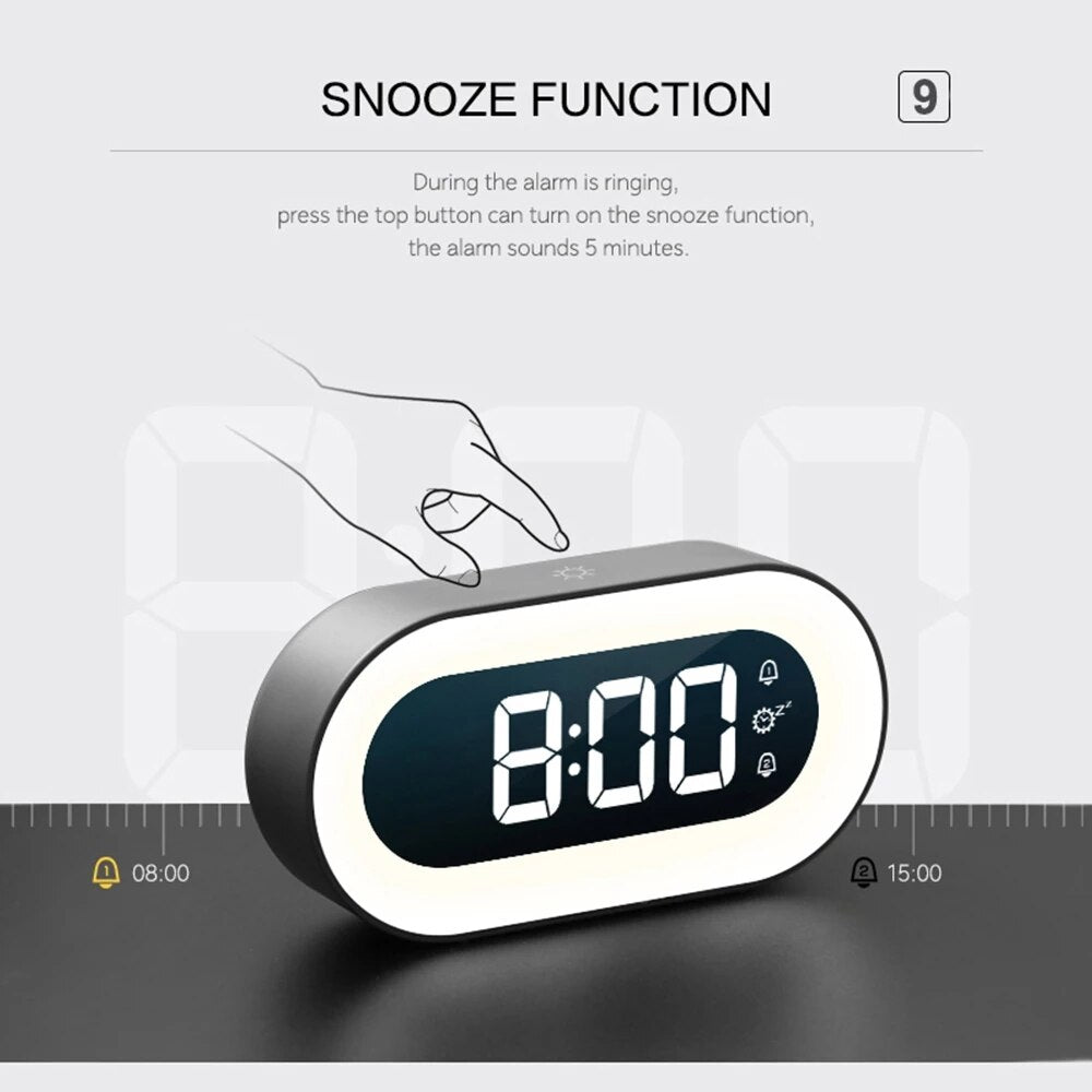 CalmGlow Compact Alarm Clock — Adjustable Night Light and Soothing Sounds