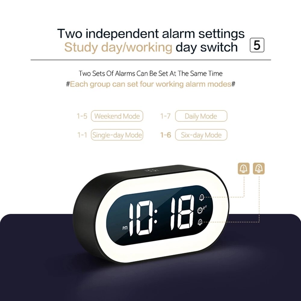 CalmGlow Compact Alarm Clock — Adjustable Night Light and Soothing Sounds