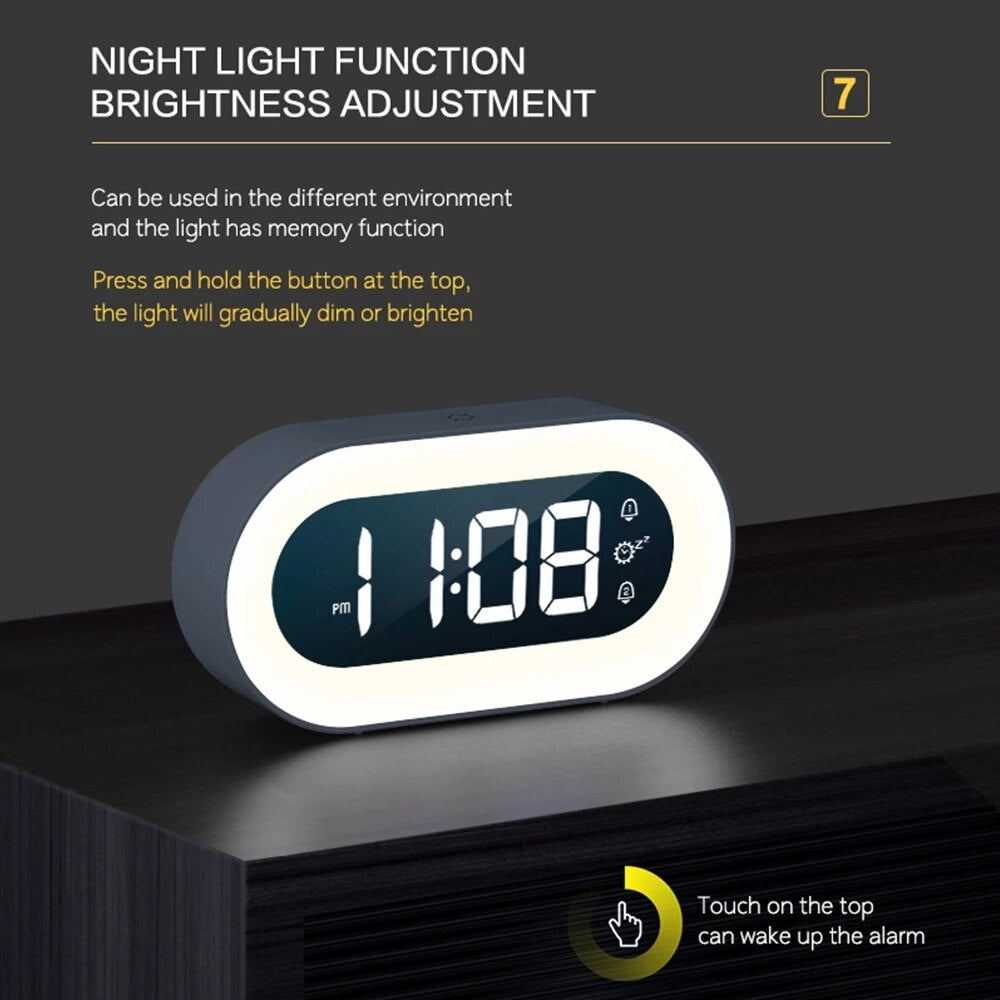 CalmGlow Compact Alarm Clock — Adjustable Night Light and Soothing Sounds