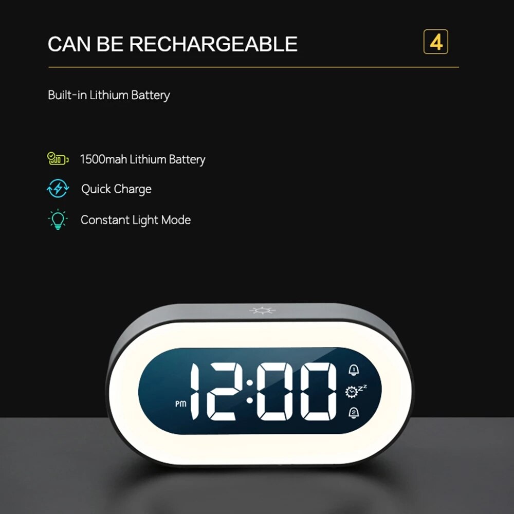 CalmGlow Compact Alarm Clock — Adjustable Night Light and Soothing Sounds