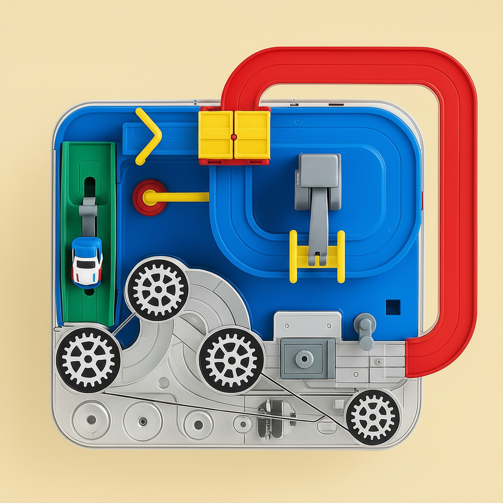 Joc de puzzle cu pistă pentru mașinuțe — plăci de drum interconectabile, bucle, rampe, vehicule miniaturale