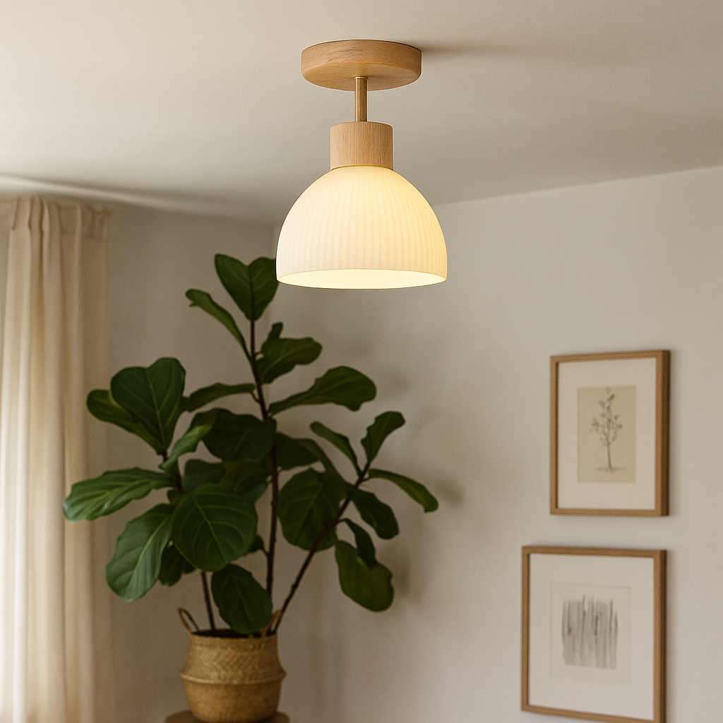 Lampa sufitowa LED Ailse z matowego szkła i naturalnego drewna — żelazna rama