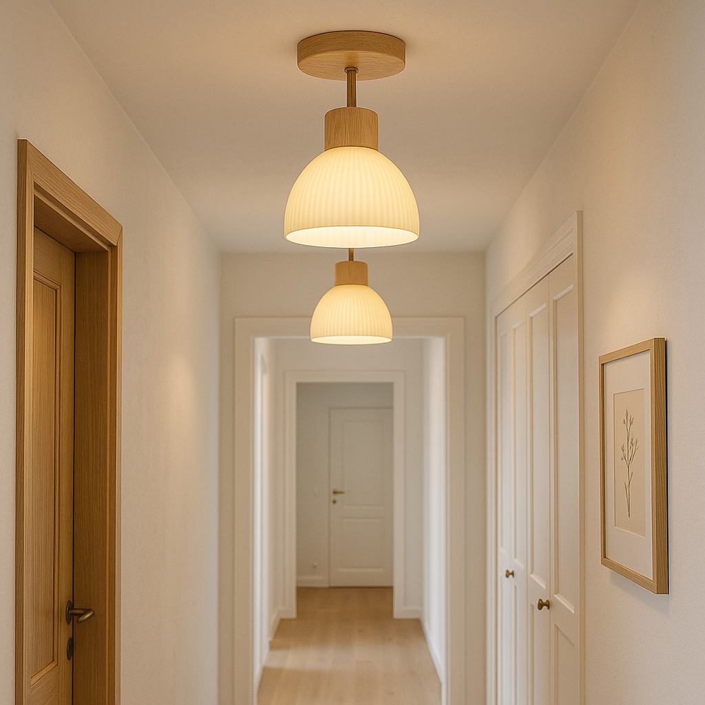 Lampa sufitowa LED Ailse z matowego szkła i naturalnego drewna — żelazna rama