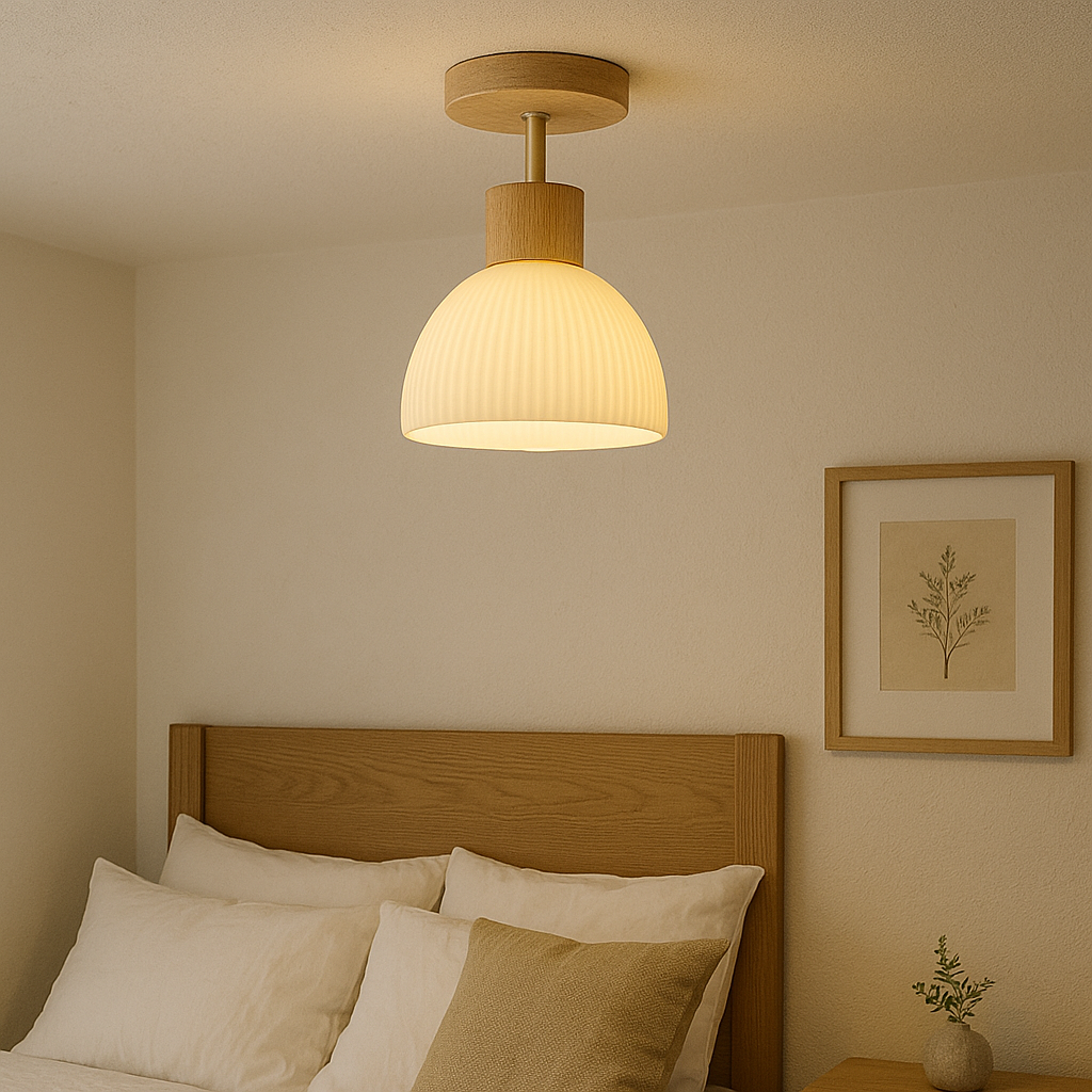 Lampa sufitowa LED Ailse z matowego szkła i naturalnego drewna — żelazna rama
