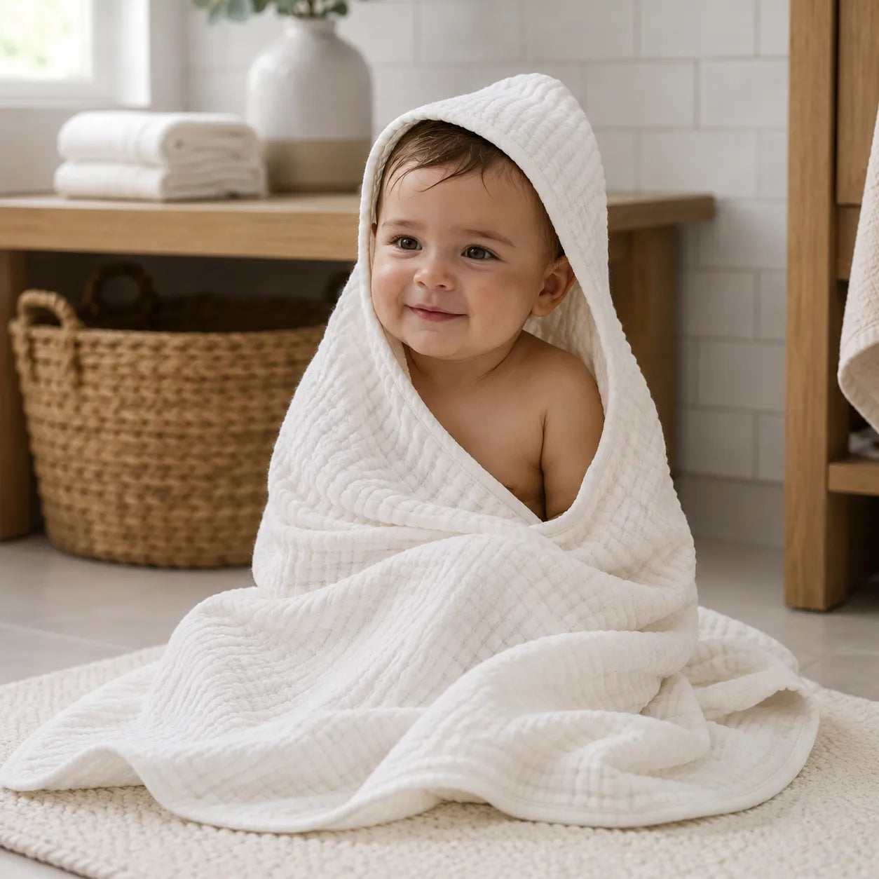 The Fleece Company hætteklæde i muslin til baby til badetid