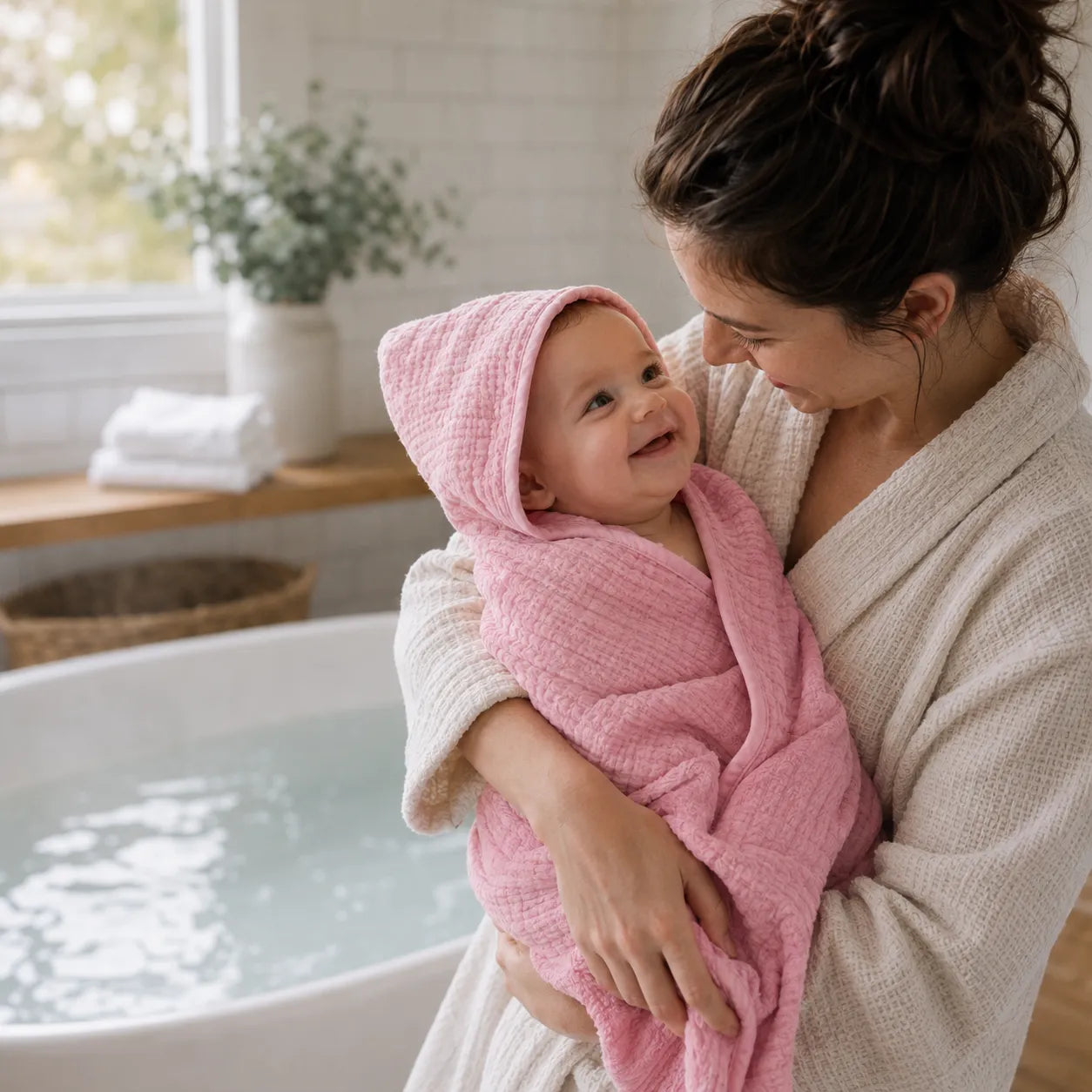 The Fleece Company hætteklæde i muslin til baby til badetid