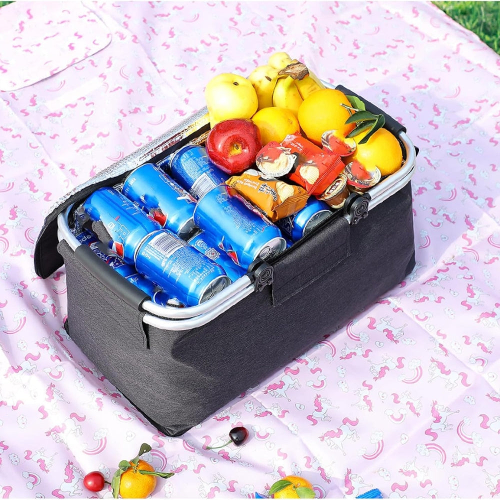 Skládací piknikový koš 18L – nepropustná tkanina Oxford – hliníkový rám – černá, šedá a modrá | meowbutter