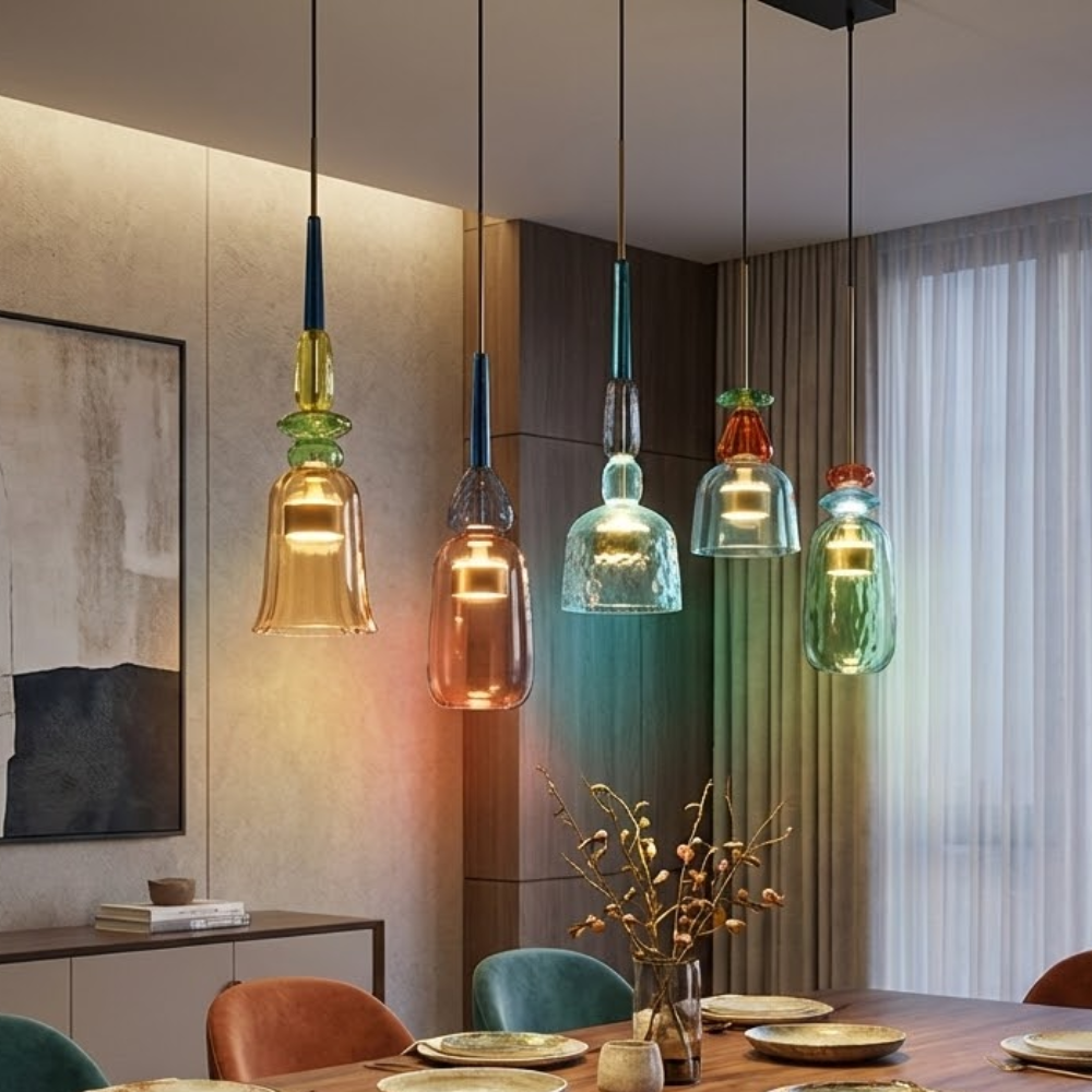Colorful Stained Glass Pendant Light With Adjustable Height