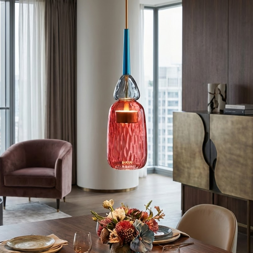 Colorful Stained Glass Pendant Light With Adjustable Height