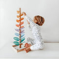 Holz-Kugelbahn-Turm – 71 cm Höhe, 22,5 × 22,5 cm Grundfläche, mehrfarbige Bahnen