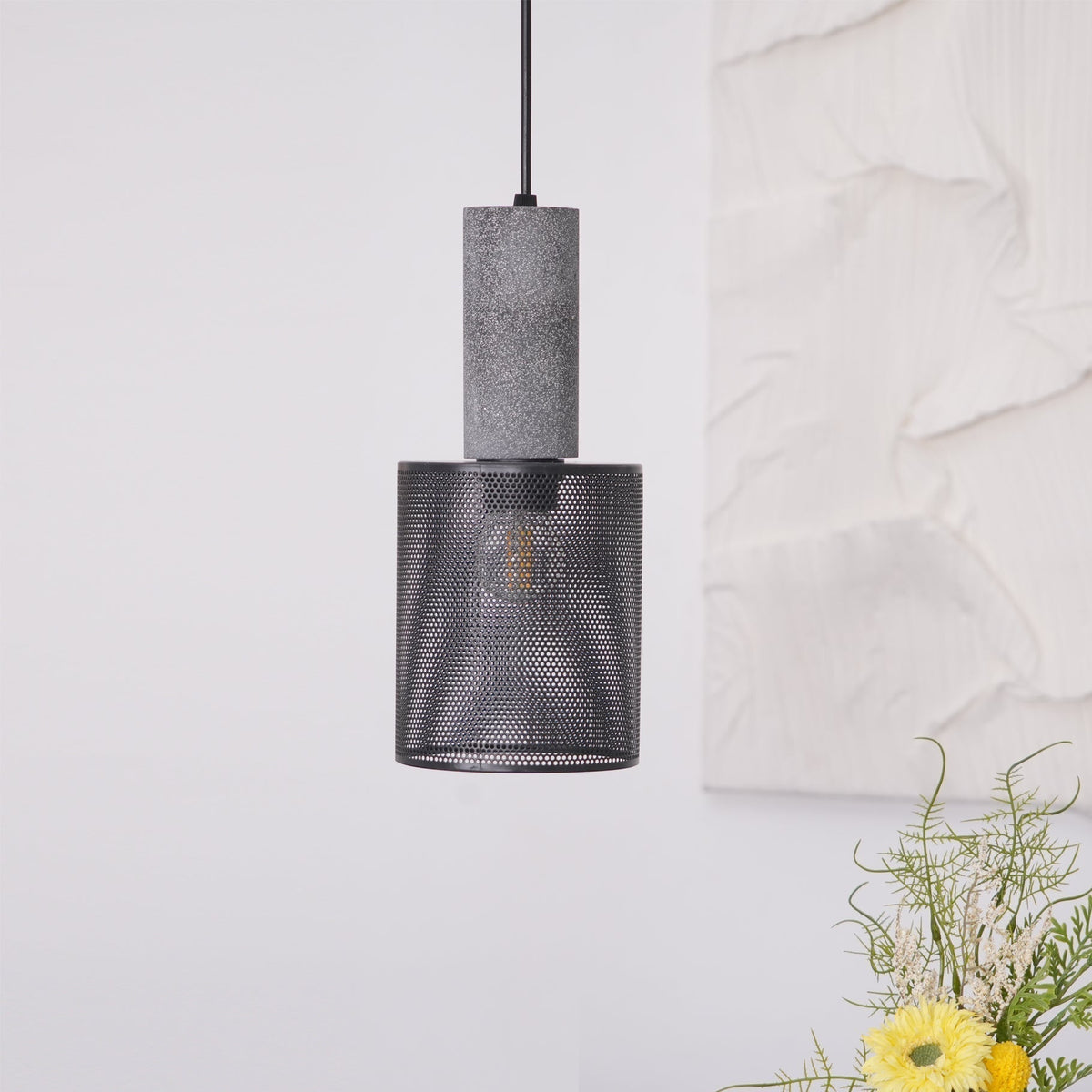 Lámpara colgante industrial de hormigón — Malla metálica cortada con láser, LED