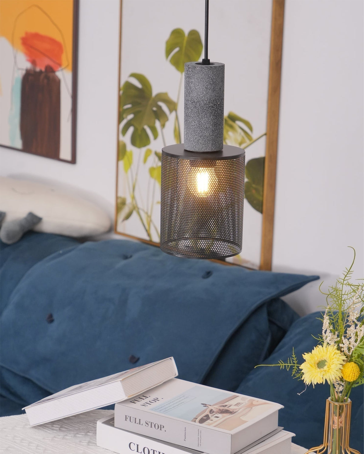 Lámpara colgante industrial de hormigón — Malla metálica cortada con láser, LED
