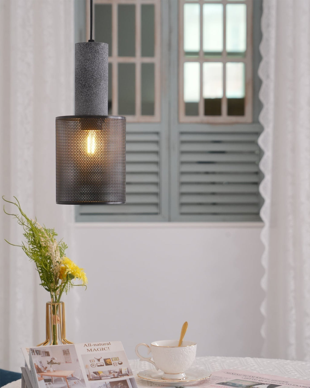 Lámpara colgante industrial de hormigón — Malla metálica cortada con láser, LED