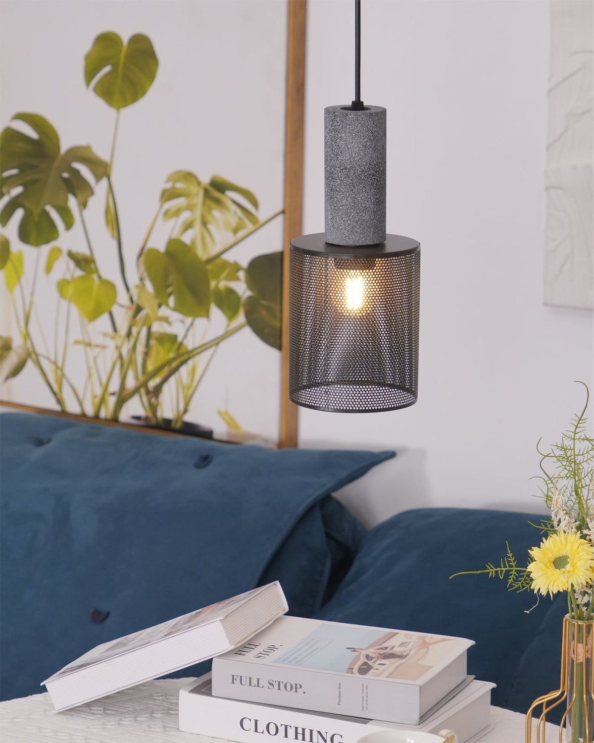 Lámpara colgante industrial de hormigón — Malla metálica cortada con láser, LED