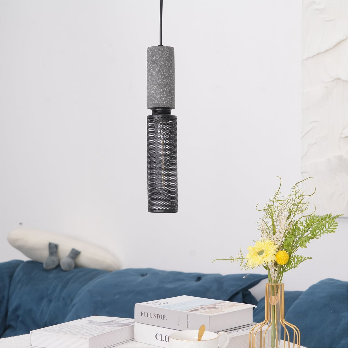 Lámpara colgante industrial de hormigón — Malla metálica cortada con láser, LED