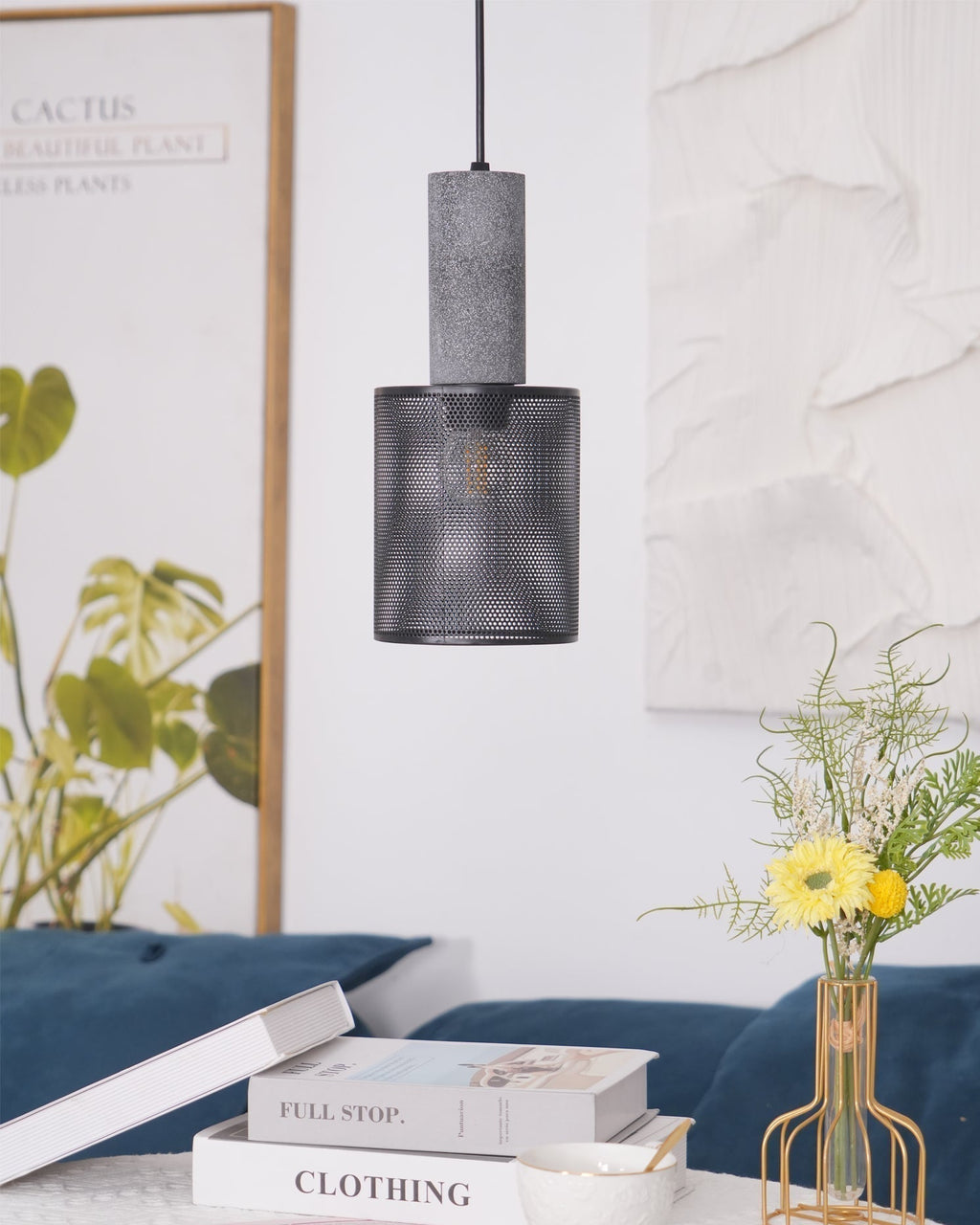 Lámpara colgante industrial de hormigón — Malla metálica cortada con láser, LED