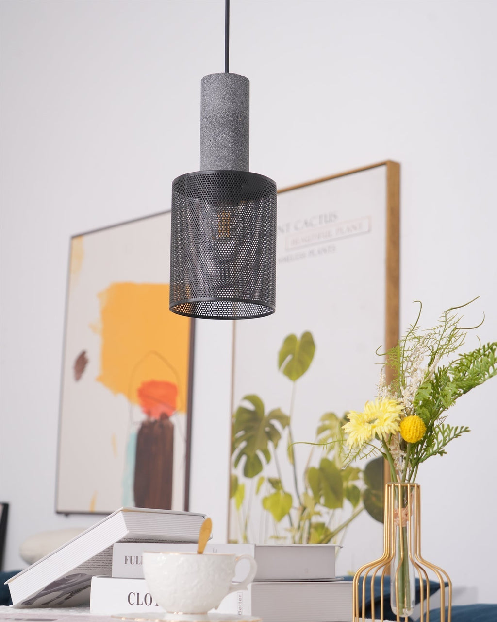 Lámpara colgante industrial de hormigón — Malla metálica cortada con láser, LED