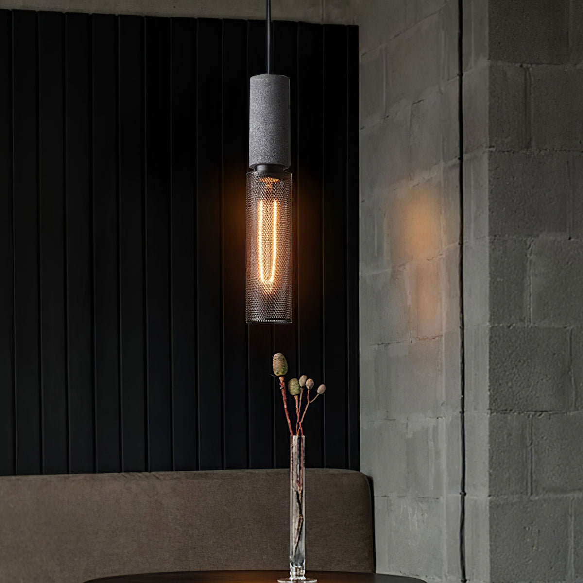 Lámpara colgante industrial de hormigón — Malla metálica cortada con láser, LED