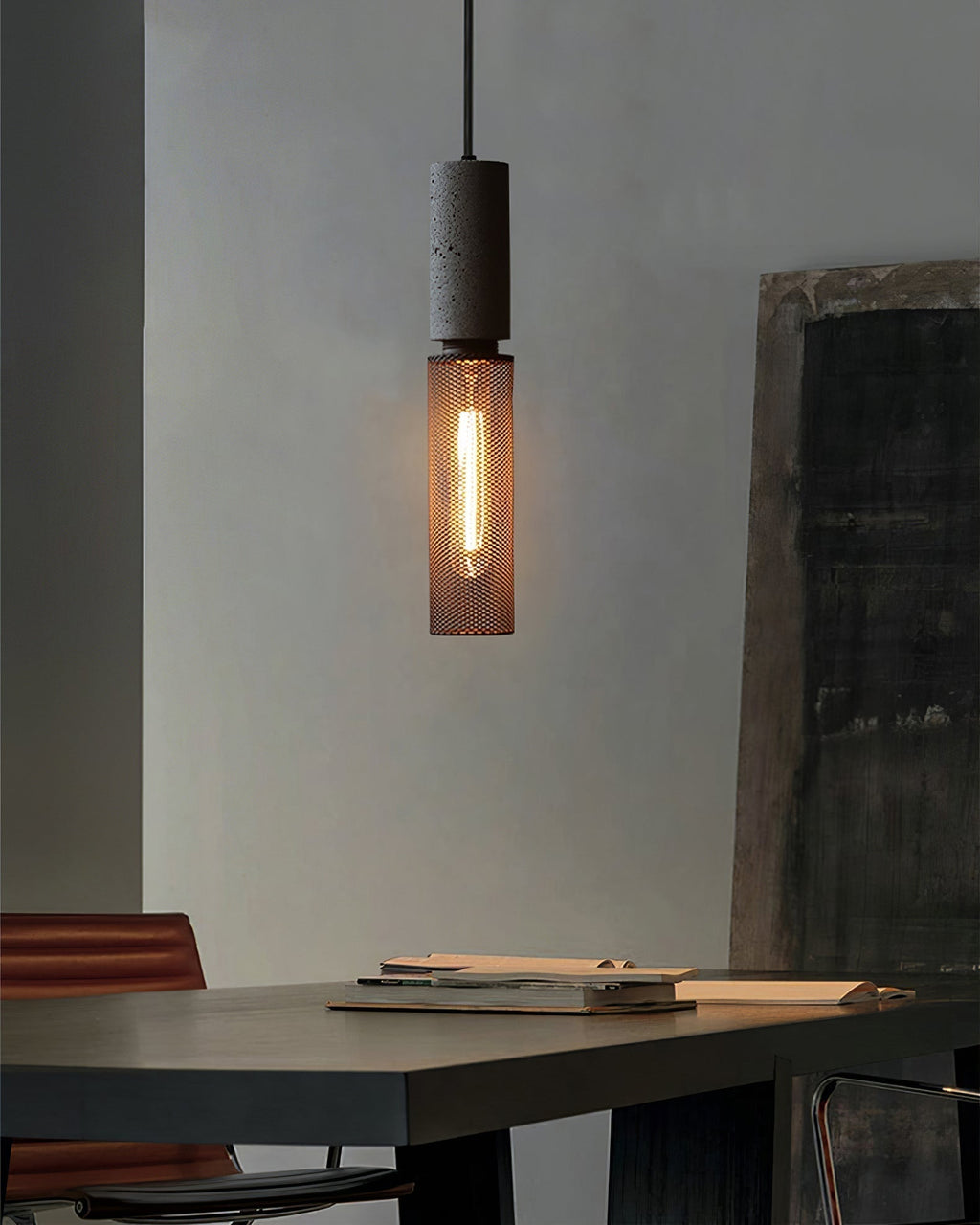 Lámpara colgante industrial de hormigón — Malla metálica cortada con láser, LED