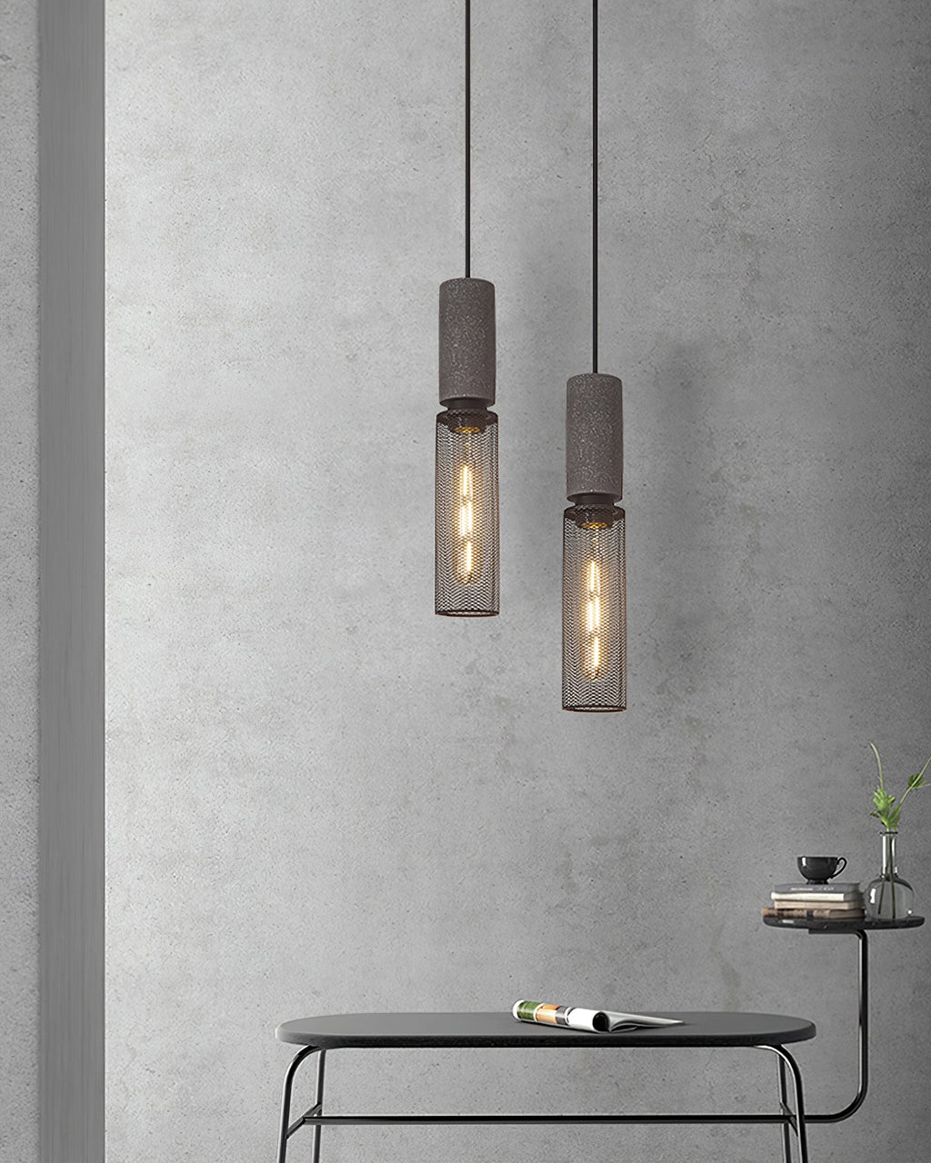 Lámpara colgante industrial de hormigón — Malla metálica cortada con láser, LED