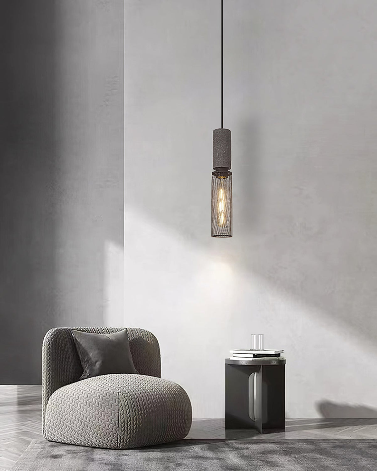 Lámpara colgante industrial de hormigón — Malla metálica cortada con láser, LED