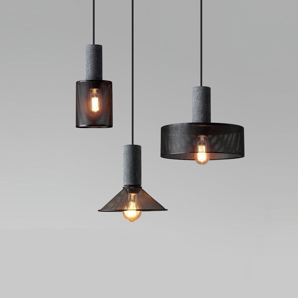 Lámpara colgante industrial de hormigón — Malla metálica cortada con láser, LED
