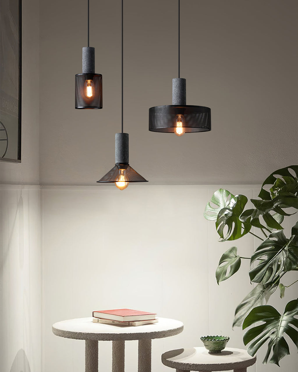 Lámpara colgante industrial de hormigón — Malla metálica cortada con láser, LED