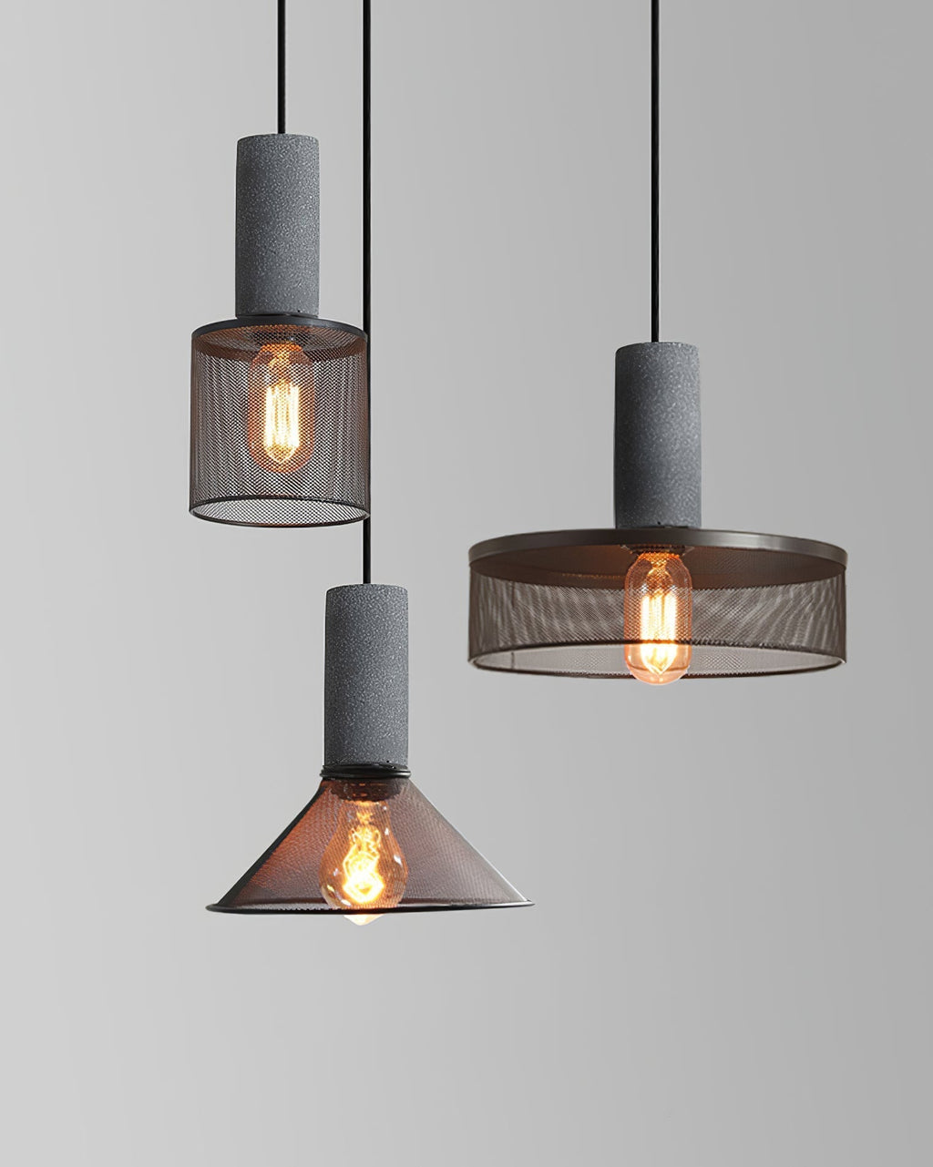 Lámpara colgante industrial de hormigón — Malla metálica cortada con láser, LED