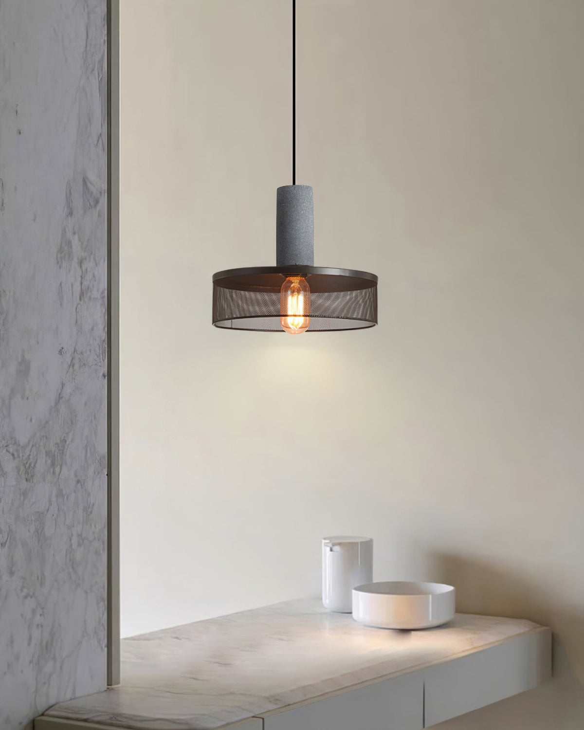 Lámpara colgante industrial de hormigón — Malla metálica cortada con láser, LED