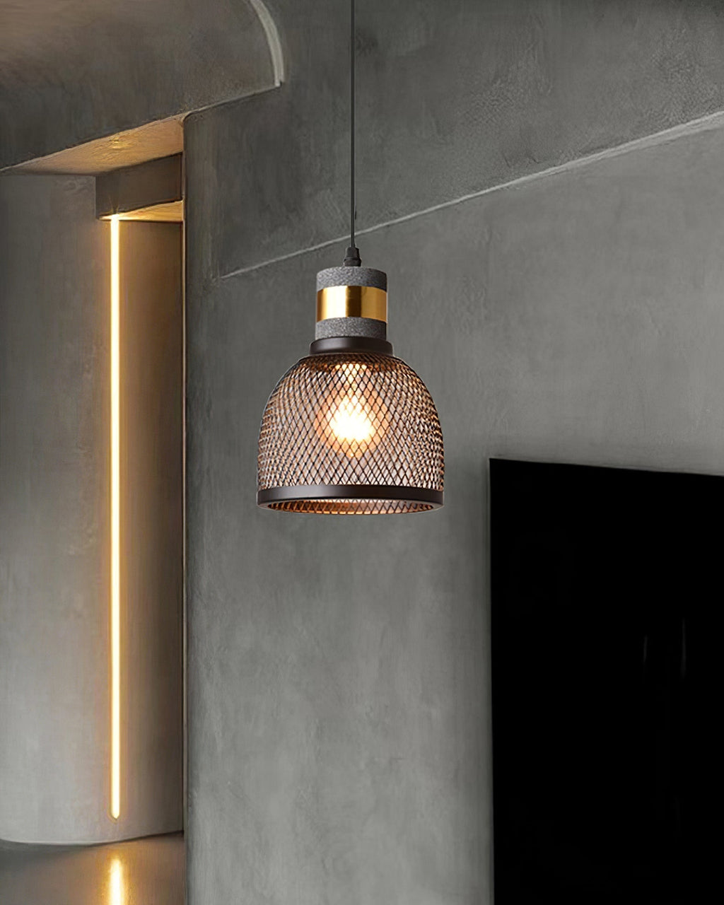 Lámpara colgante industrial de hormigón — Malla metálica cortada con láser, LED