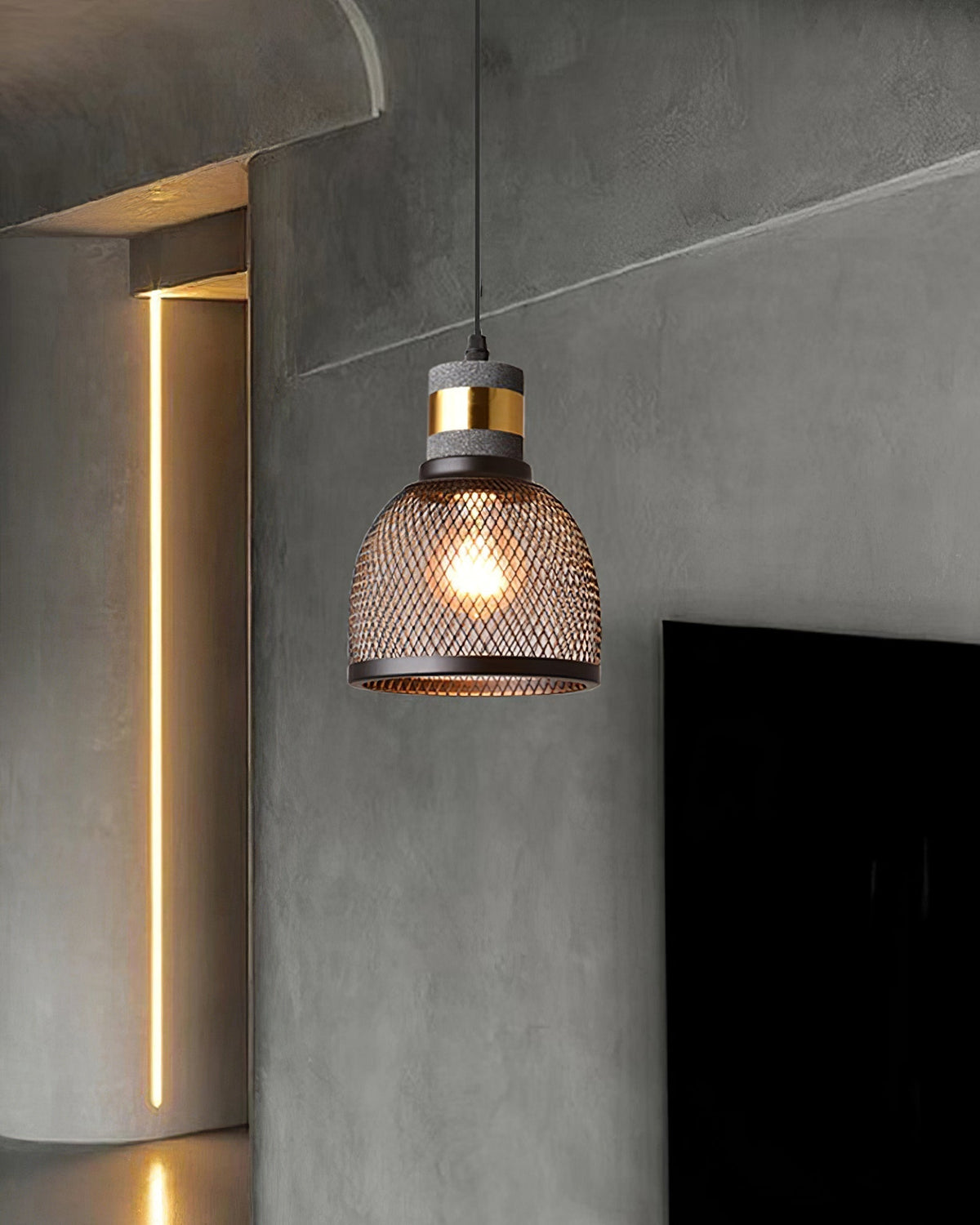 Lámpara colgante industrial de hormigón — Malla metálica cortada con láser, LED