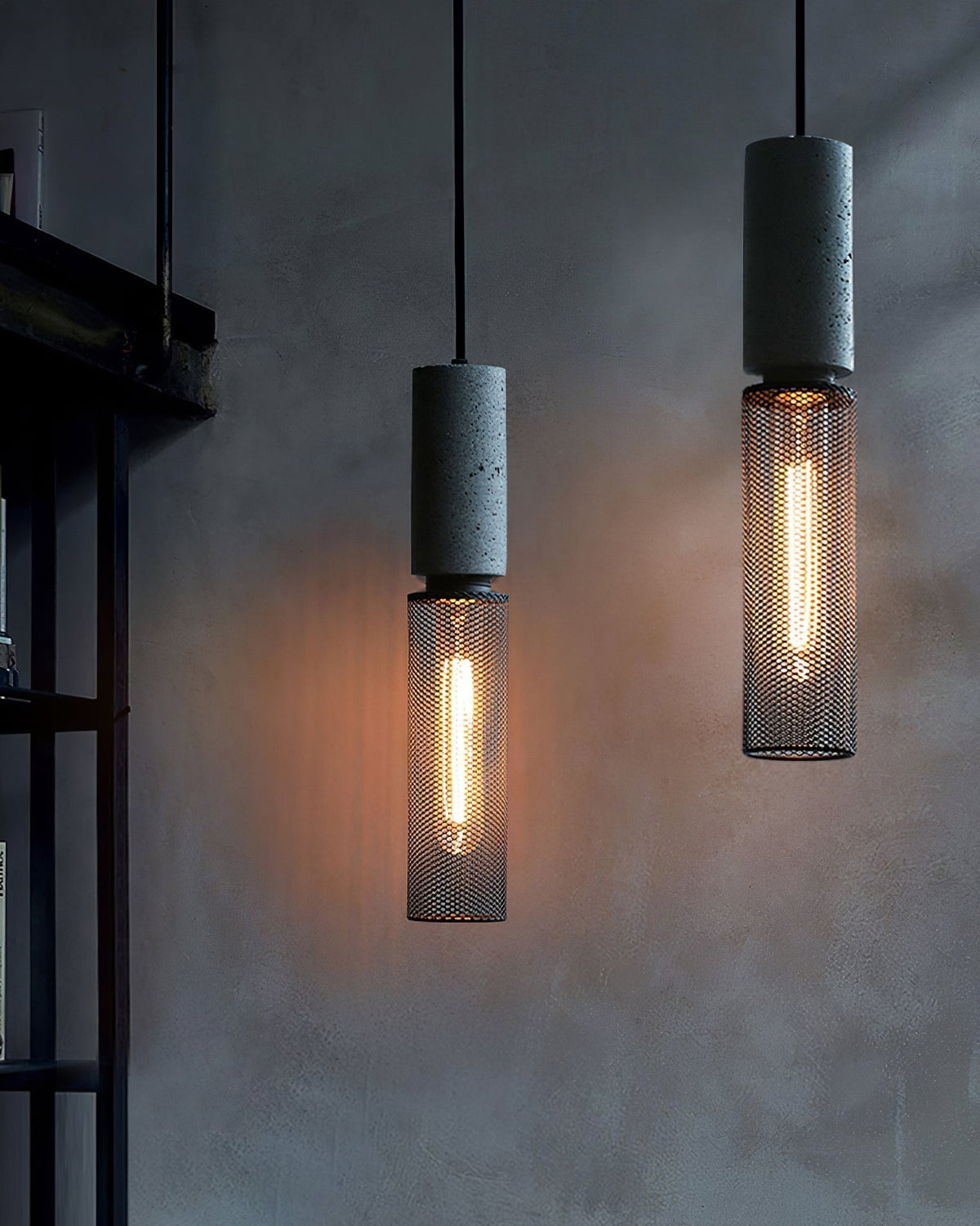 Lámpara colgante industrial de hormigón — Malla metálica cortada con láser, LED