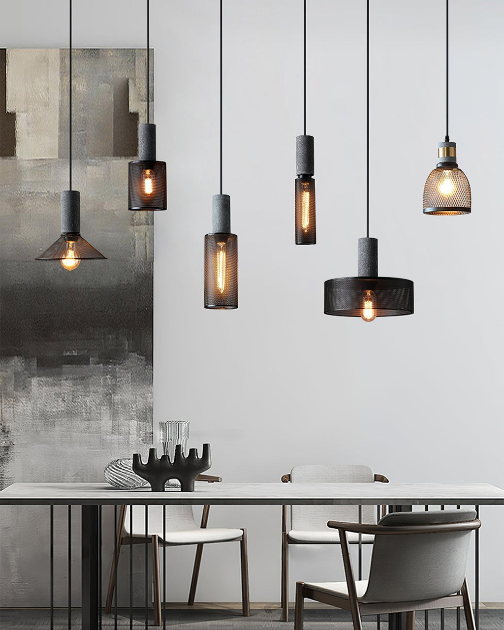 Lámpara colgante industrial de hormigón — Malla metálica cortada con láser, LED