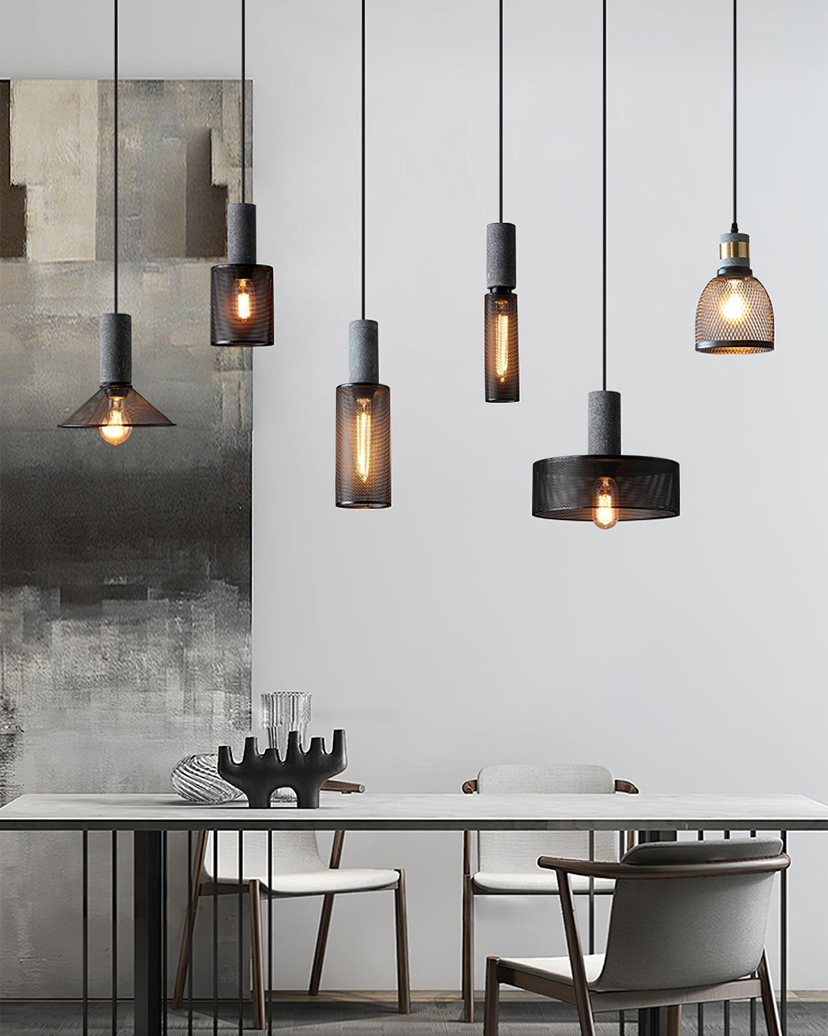 Lámpara colgante industrial de hormigón — Malla metálica cortada con láser, LED