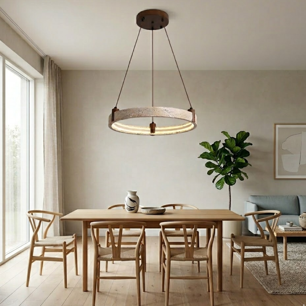 Lustre contemporain en travertin jaune avec hauteur réglable