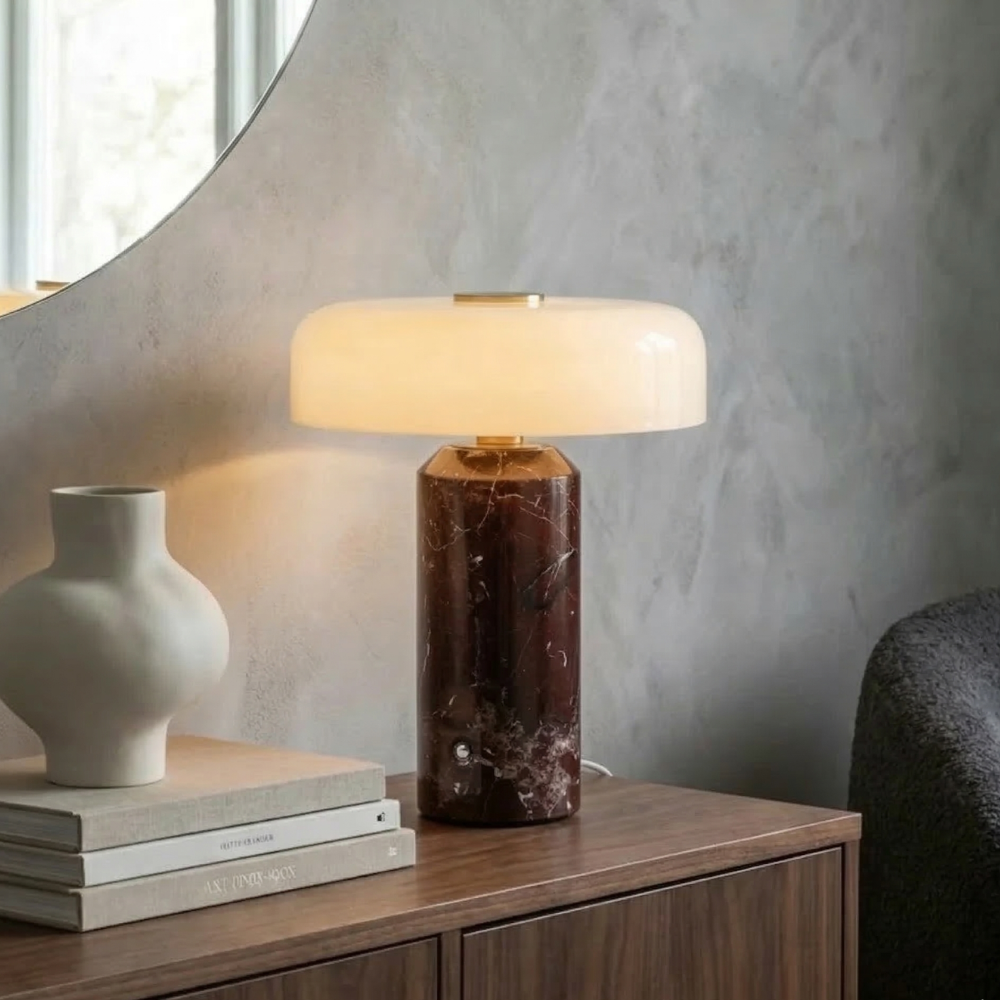 Stolní lampa Opaline s odstínem, mramorová, bezdrátová, bílý povrch