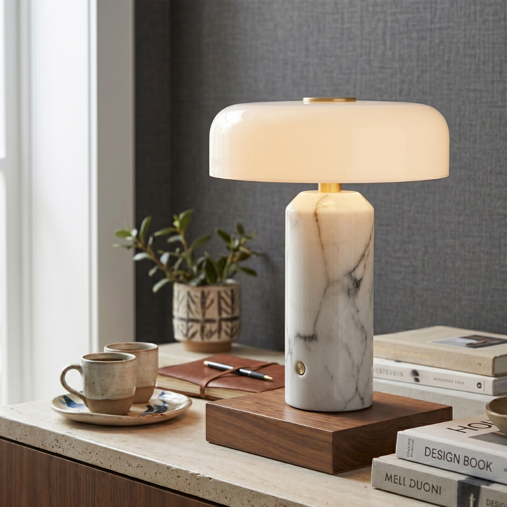 Stolní lampa Opaline s odstínem, mramorová, bezdrátová, bílý povrch