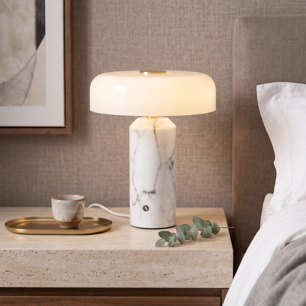 Stolní lampa Opaline s odstínem, mramorová, bezdrátová, bílý povrch