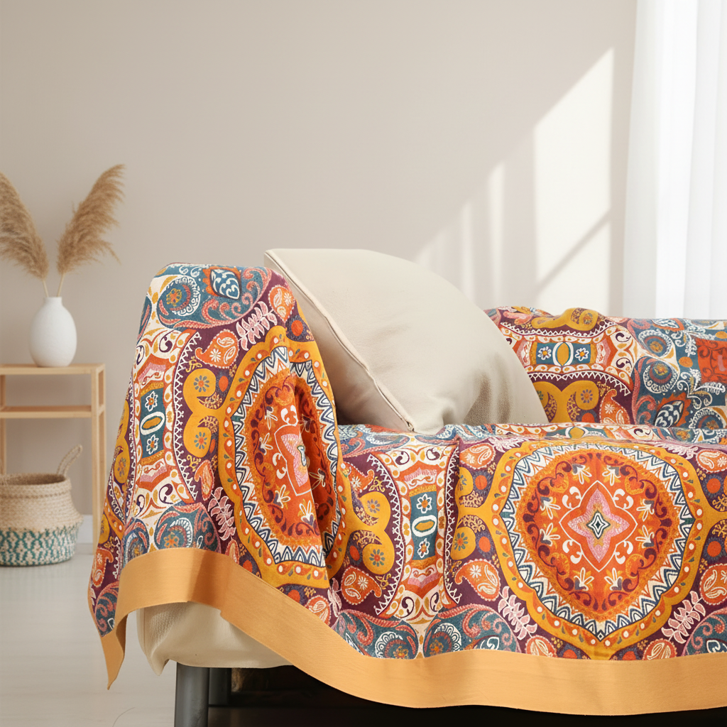 Boho hűsítő, megfordítható takaró — kétoldalas textil, puha, laza szövésű hátoldallal