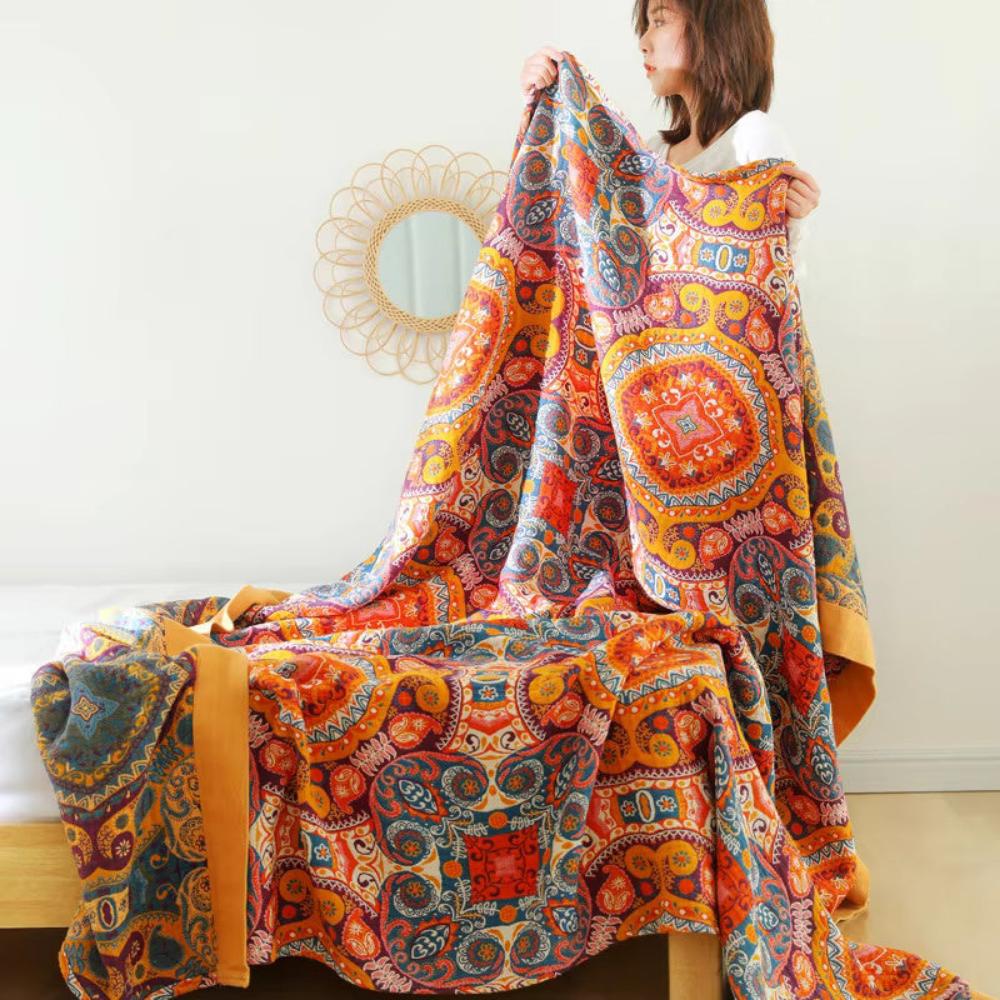 Boho hűsítő, megfordítható takaró — kétoldalas textil, puha, laza szövésű hátoldallal