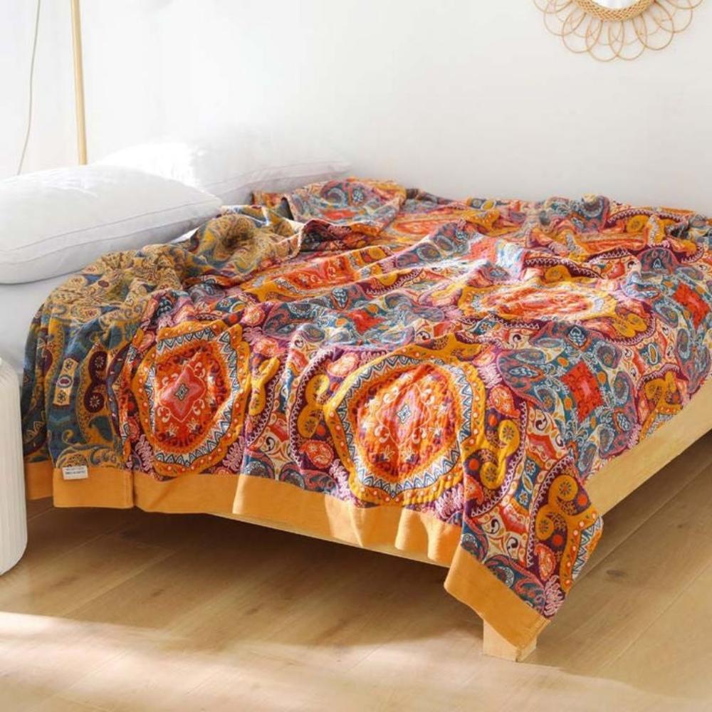 Boho hűsítő, megfordítható takaró — kétoldalas textil, puha, laza szövésű hátoldallal