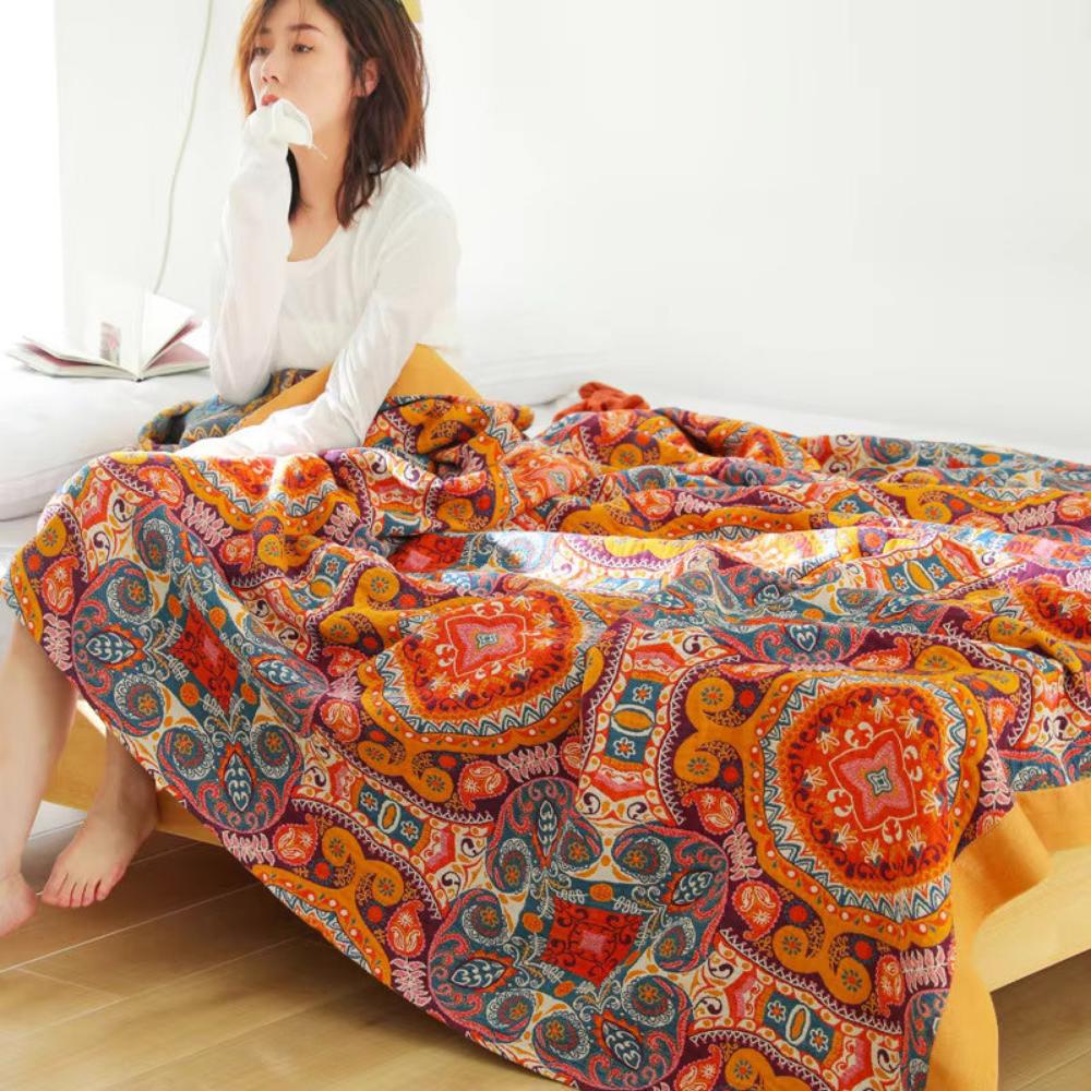 Boho hűsítő, megfordítható takaró — kétoldalas textil, puha, laza szövésű hátoldallal