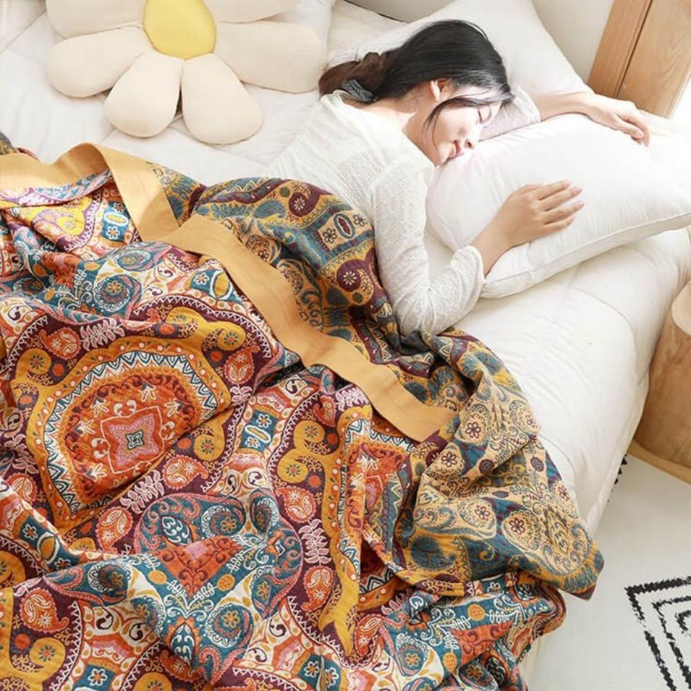 Boho hűsítő, megfordítható takaró — kétoldalas textil, puha, laza szövésű hátoldallal