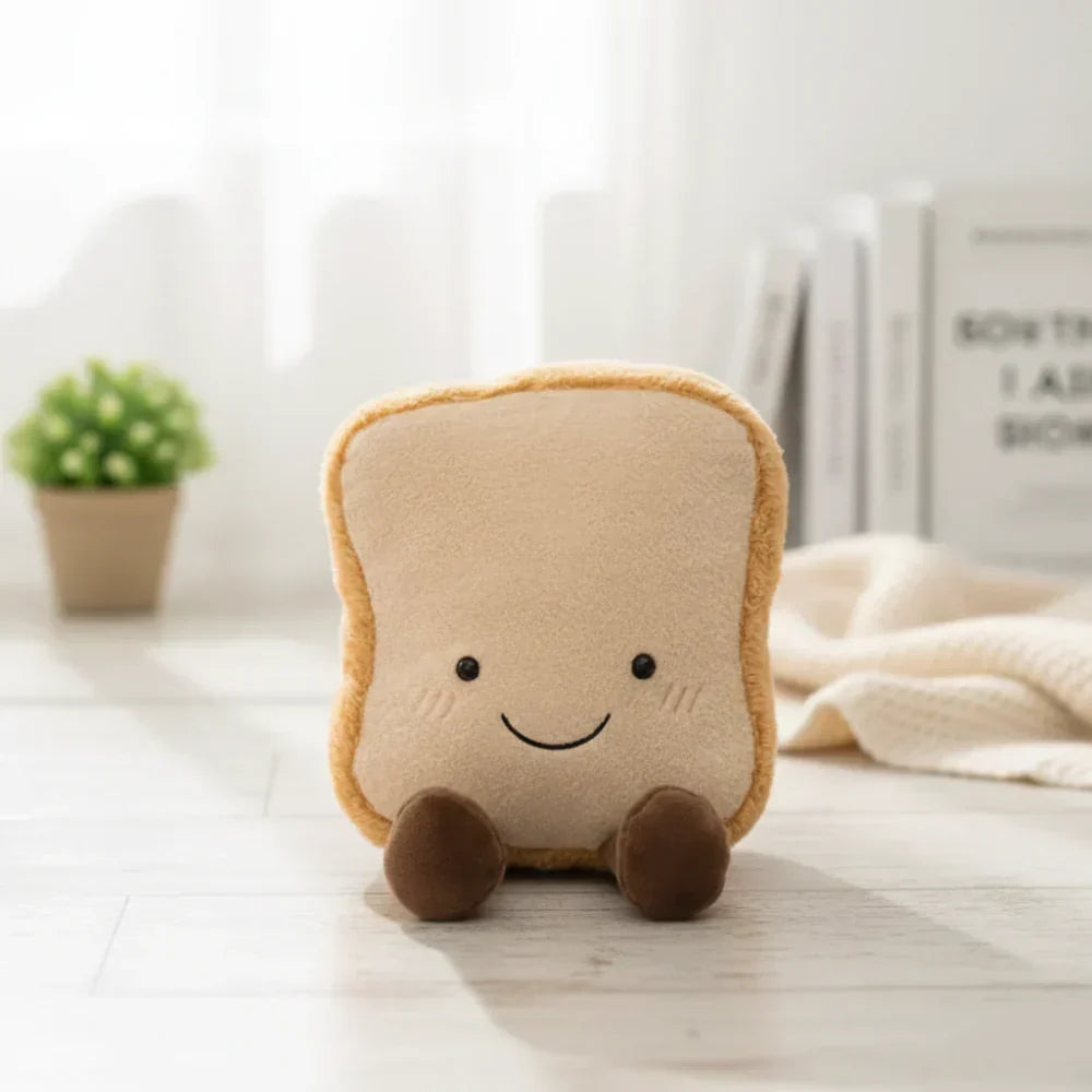 Mjuk plyschkudde formad som mat – design med kringla, croissant och rostat bröd