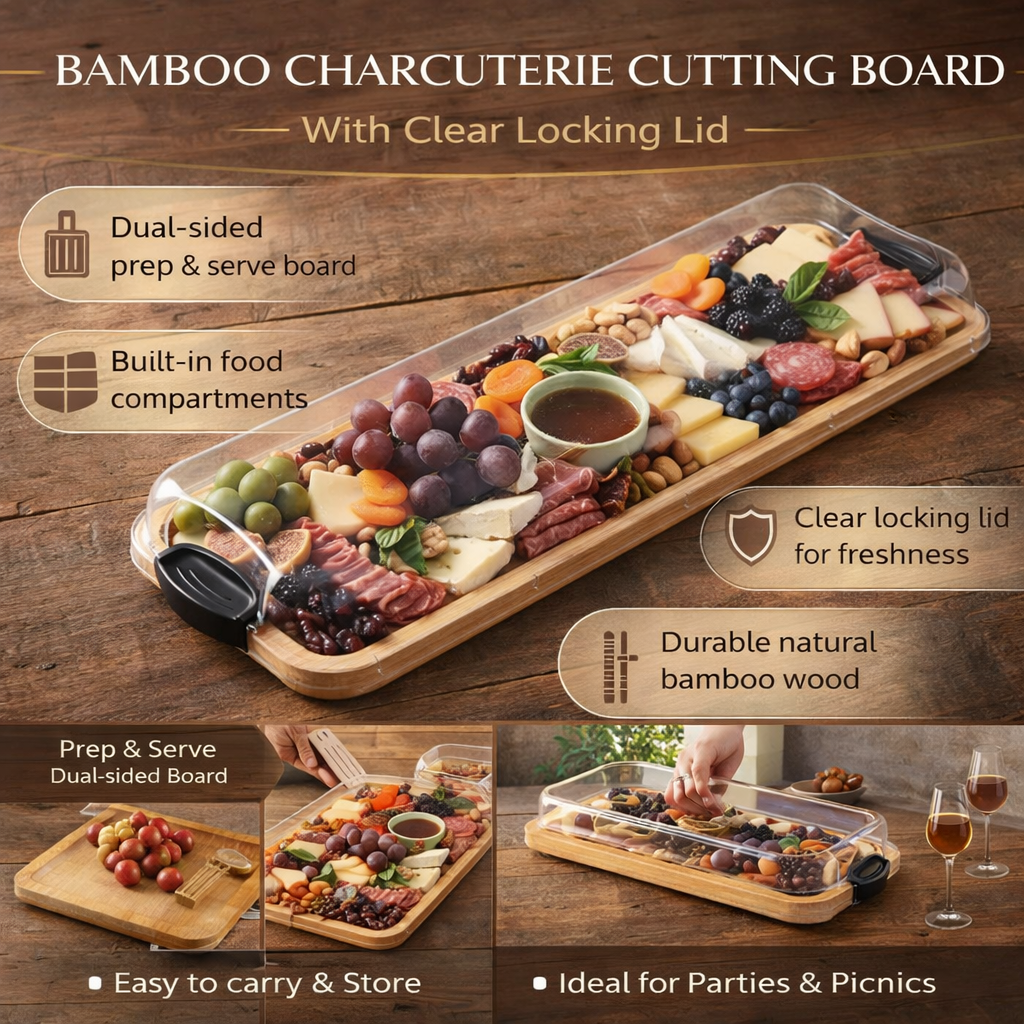 Planche à découper, plateau de présentation en bambou pour charcuterie avec couvercle verrouillable | Meowbutter